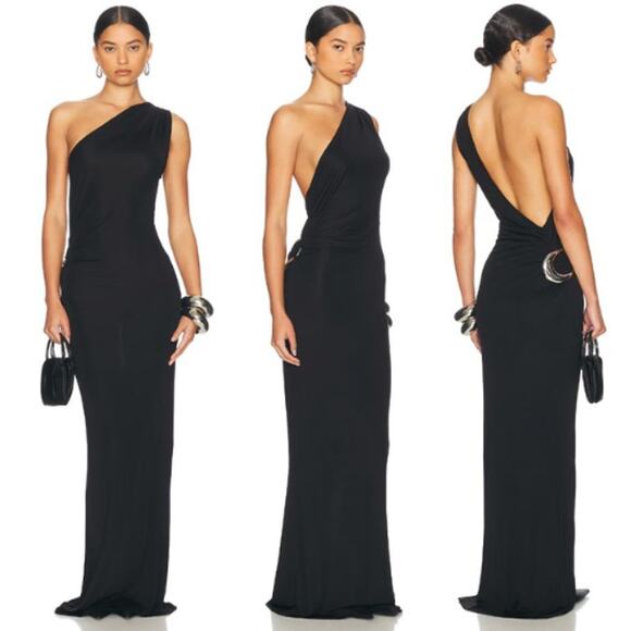 Staud | NWT Zenith Dress in Black Jersey One Shoulder Maxi Silver Buckle XS - Picture 2 of 16